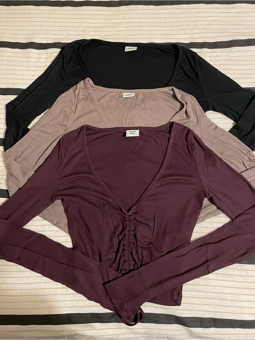 Three Long Sleeve V-Neck Tops - Black, Taupe, Plum
